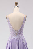 Purple A-Line Satin Sequins Backless Long Ball Dress with Slit
