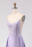 Purple A-Line Satin Sequins Backless Long Ball Dress with Slit