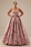 Princess Pink Floral Strapless Corset Long Plus Size Prom Dress with Lace Up Back