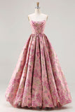 Princess Pink Floral Strapless Corset Long Plus Size Prom Dress with Lace Up Back