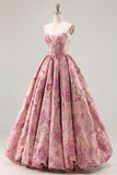 Strapless Pink Jacquard Corset Princess Floral Long Ball Dress with Lace Up Back