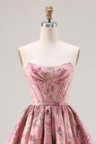 Strapless Pink Jacquard Corset Princess Floral Long Ball Dress with Lace Up Back