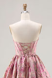 Strapless Pink Jacquard Corset Princess Floral Long Ball Dress with Lace Up Back