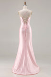 Pink Mermaid Corset Lace Up Back Long Ball Dress with Slit
