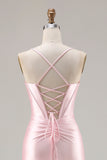 Pink Mermaid Corset Lace Up Back Long Ball Dress with Slit