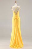 Glitter Yellow Mermaid Beaded Corset Lace Up Back Long Ball Dress with Slit