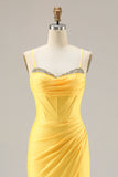 Glitter Yellow Mermaid Beaded Corset Lace Up Back Long Ball Dress with Slit