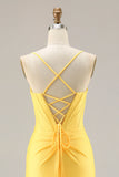 Glitter Yellow Mermaid Beaded Corset Lace Up Back Long Ball Dress with Slit