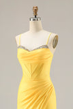 Glitter Yellow Mermaid Beaded Corset Lace Up Back Long Ball Dress with Slit