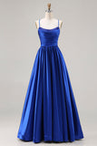 Royal Blue A-Line Beaded Satin Long Ball Dress with Lace Up Back