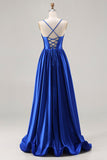 Royal Blue A-Line Beaded Satin Long Ball Dress with Lace Up Back