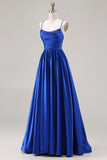 Royal Blue A-Line Beaded Satin Long Ball Dress with Lace Up Back