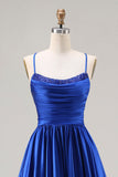 Royal Blue A-Line Beaded Satin Long Ball Dress with Lace Up Back
