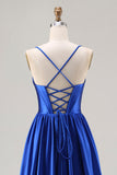 Royal Blue A-Line Beaded Satin Long Ball Dress with Lace Up Back