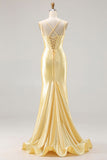 Light Yellow Mermaid Corset Beaded Long Ball Dress with Lace Up Back