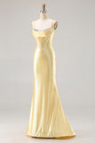 Light Yellow Mermaid Corset Beaded Long Ball Dress with Lace Up Back