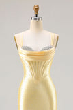 Light Yellow Mermaid Corset Beaded Long Ball Dress with Lace Up Back