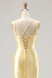 Light Yellow Mermaid Corset Beaded Long Ball Dress with Lace Up Back