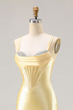 Light Yellow Mermaid Corset Beaded Long Ball Dress with Lace Up Back