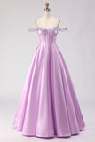 Off The Shoulder Light Purple A-Line Beaded Corset Long Ball Dress