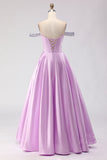 Off The Shoulder Light Purple A-Line Beaded Corset Long Ball Dress