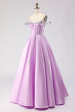 Off The Shoulder Light Purple A-Line Beaded Corset Long Ball Dress