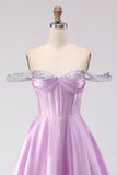 Off The Shoulder Light Purple A-Line Beaded Corset Long Ball Dress