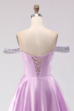 Off The Shoulder Light Purple A-Line Beaded Corset Long Ball Dress
