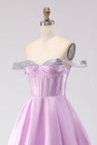 Off The Shoulder Light Purple A-Line Beaded Corset Long Ball Dress