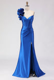 Royal Blue One Shoulder Beaded Mermaid Corset Long Ball Dress with Slit