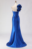 Royal Blue One Shoulder Beaded Mermaid Corset Long Ball Dress with Slit