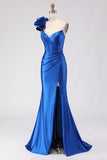 Royal Blue One Shoulder Beaded Mermaid Corset Long Ball Dress with Slit
