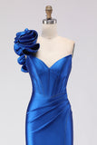 Royal Blue One Shoulder Beaded Mermaid Corset Long Ball Dress with Slit