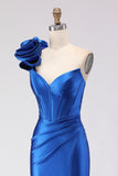 Royal Blue One Shoulder Beaded Mermaid Corset Long Ball Dress with Slit