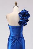 Royal Blue One Shoulder Beaded Mermaid Corset Long Ball Dress with Slit