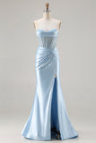 Strapless Mermaid Sky Blue Corset Beaded Long Ball Dress with Slit