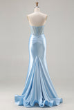 Strapless Mermaid Sky Blue Corset Beaded Long Ball Dress with Slit