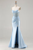 Strapless Mermaid Sky Blue Corset Beaded Long Ball Dress with Slit