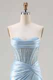 Strapless Mermaid Sky Blue Corset Beaded Long Ball Dress with Slit