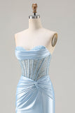Strapless Mermaid Sky Blue Corset Beaded Long Ball Dress with Slit