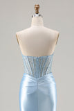 Strapless Mermaid Sky Blue Corset Beaded Long Ball Dress with Slit