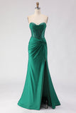 Glitter Dark Green Sweetheart Mermaid Beaded Corset Long Ball Dress with Slit