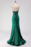 Glitter Dark Green Sweetheart Mermaid Beaded Corset Long Ball Dress with Slit