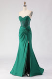Glitter Dark Green Sweetheart Mermaid Beaded Corset Long Ball Dress with Slit