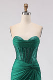 Glitter Dark Green Sweetheart Mermaid Beaded Corset Long Ball Dress with Slit
