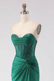 Glitter Dark Green Sweetheart Mermaid Beaded Corset Long Ball Dress with Slit