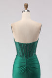 Glitter Dark Green Sweetheart Mermaid Beaded Corset Long Ball Dress with Slit