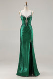 Metallic Dark Green Beaded Corset Mermaid Long Ball Dress with Slit