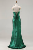Metallic Dark Green Beaded Corset Mermaid Long Ball Dress with Slit