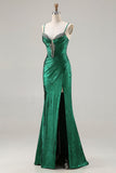 Metallic Dark Green Beaded Corset Mermaid Long Ball Dress with Slit